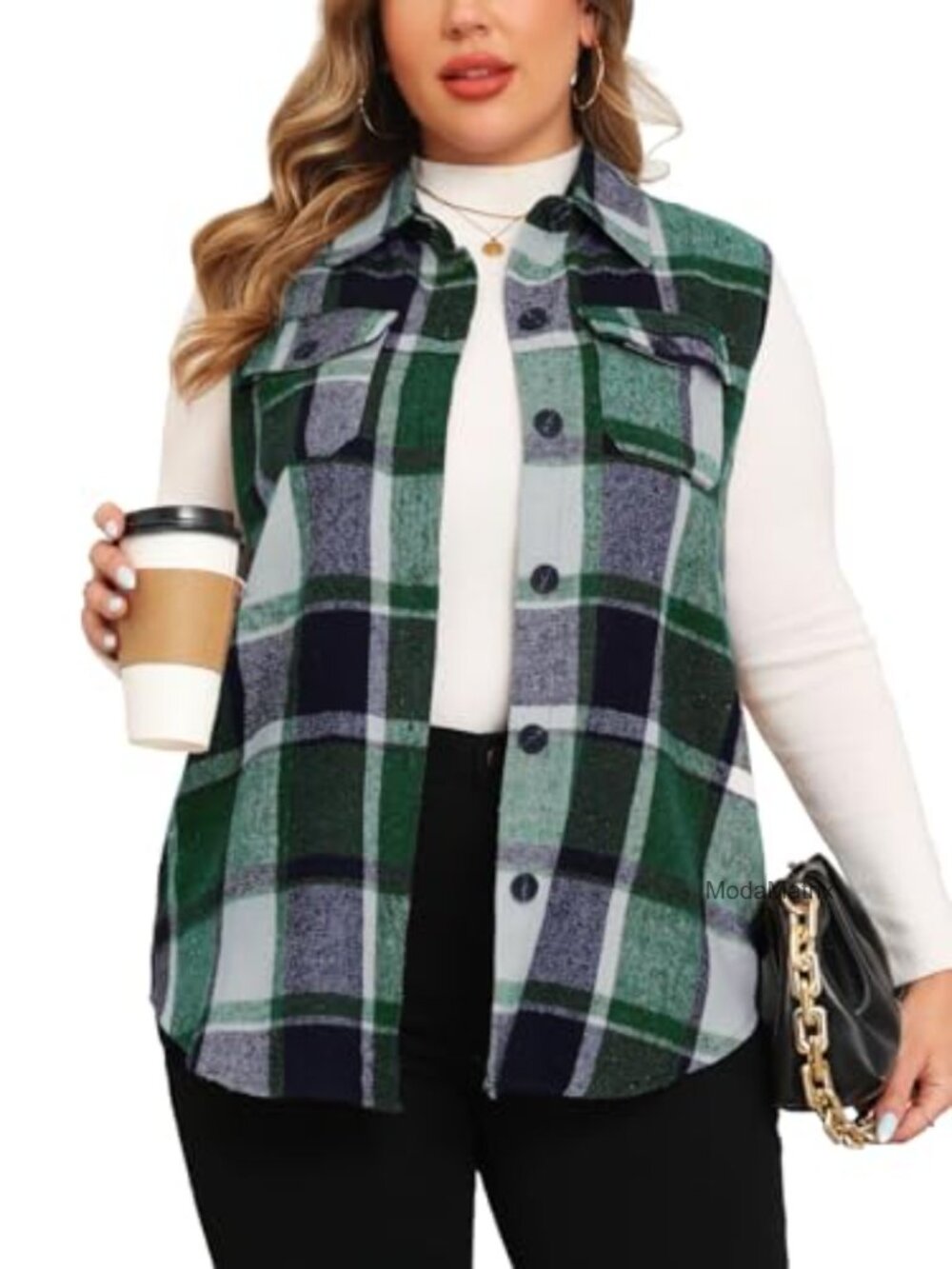 Plus Size Flannel Plaid Long Vest Button Down Sleeveless Shacket